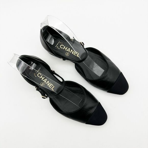 CHANEL Black CC Logo Mary Jane Ballet Flat Size 36.5 Leather Cap Pointed Toe - Picture 7 of 15